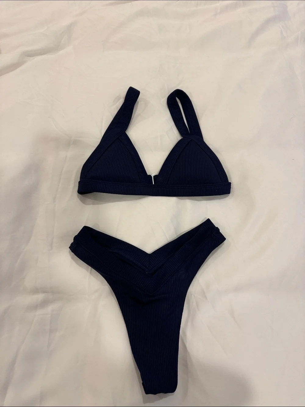 One One Navy Ribbed V-Neck Bikini - Picture 1 of 2